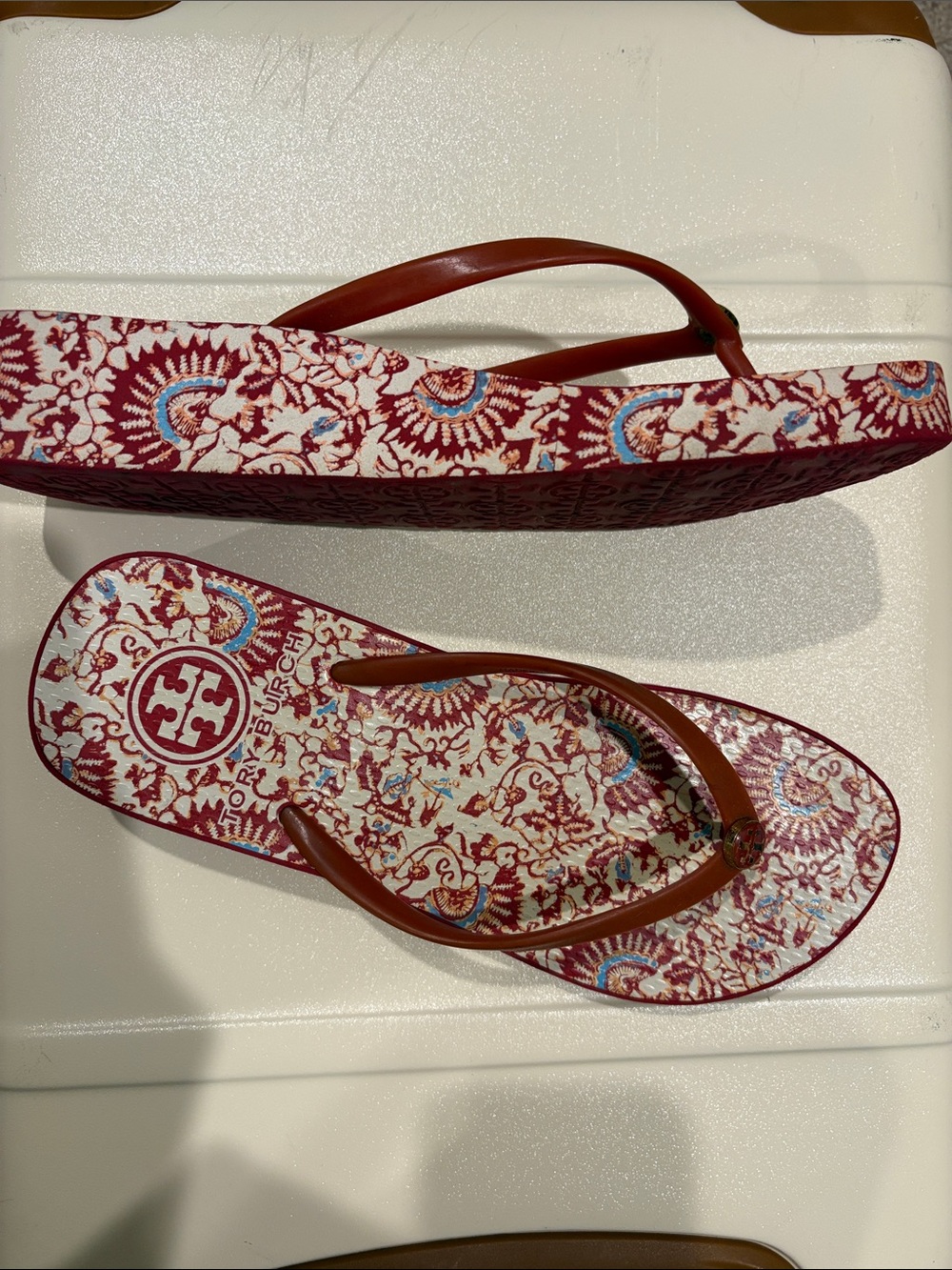 Tory Burch Red and Cream Printed Flip Flop Sandals